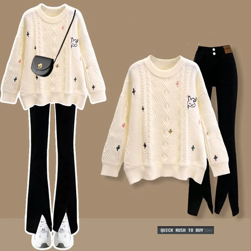 Autumn Winter Women Cute Rabbit White Sweater Wide Leg Denim Pants 1 or 2 Piece Sets 2023 New Lady Daily Knit Tops Jeans Outfits