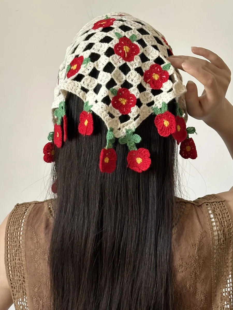 

Women Pastoral Cute Floral Hand Crochet Hollow Triangle Headscarf New Spring Summer Sweet Versatile Decorative Head Wrap Turban
