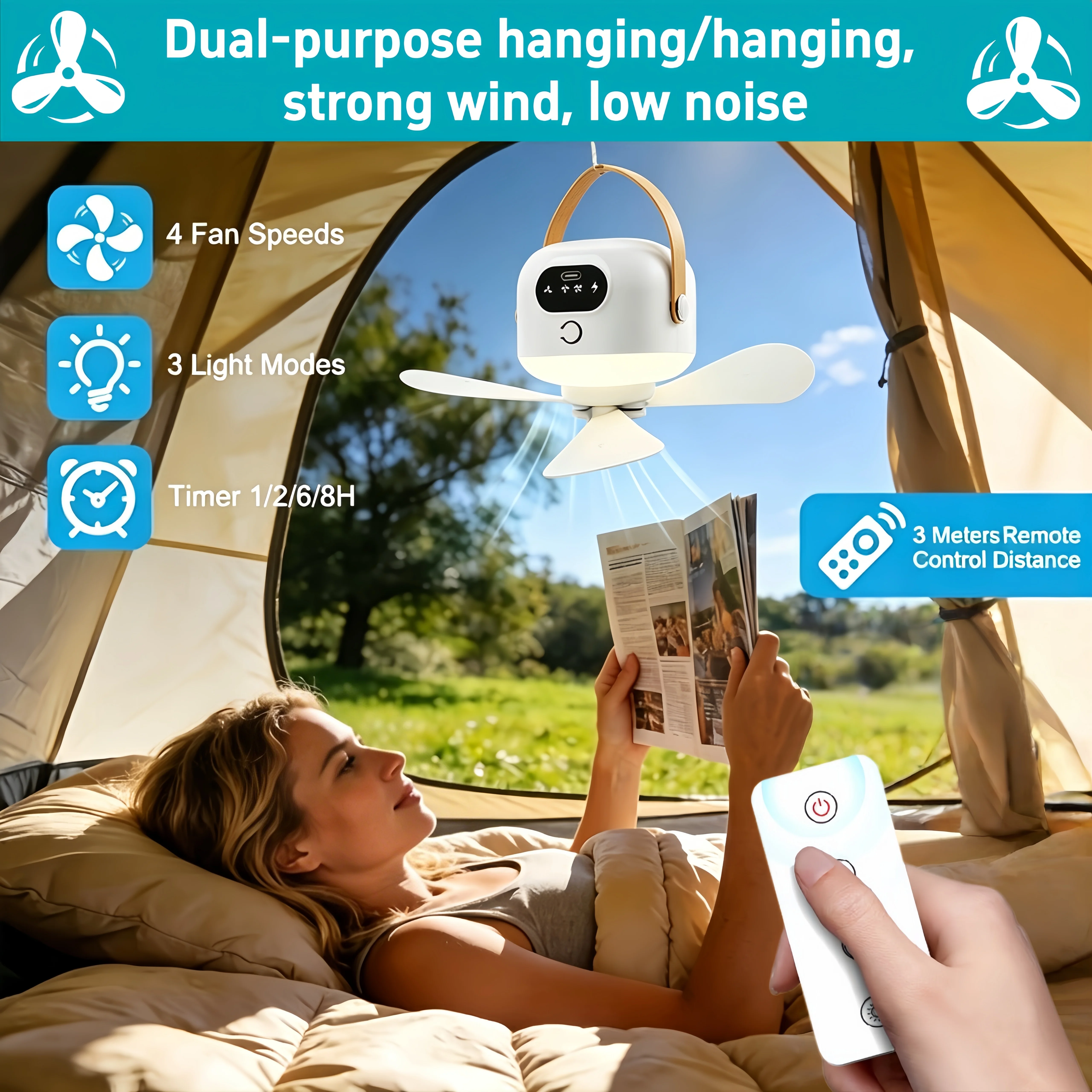 Portable Camping Hanging Fan with Light and Remote, USB Rechargeable, 9.25-Inch Wireless Tent Fan