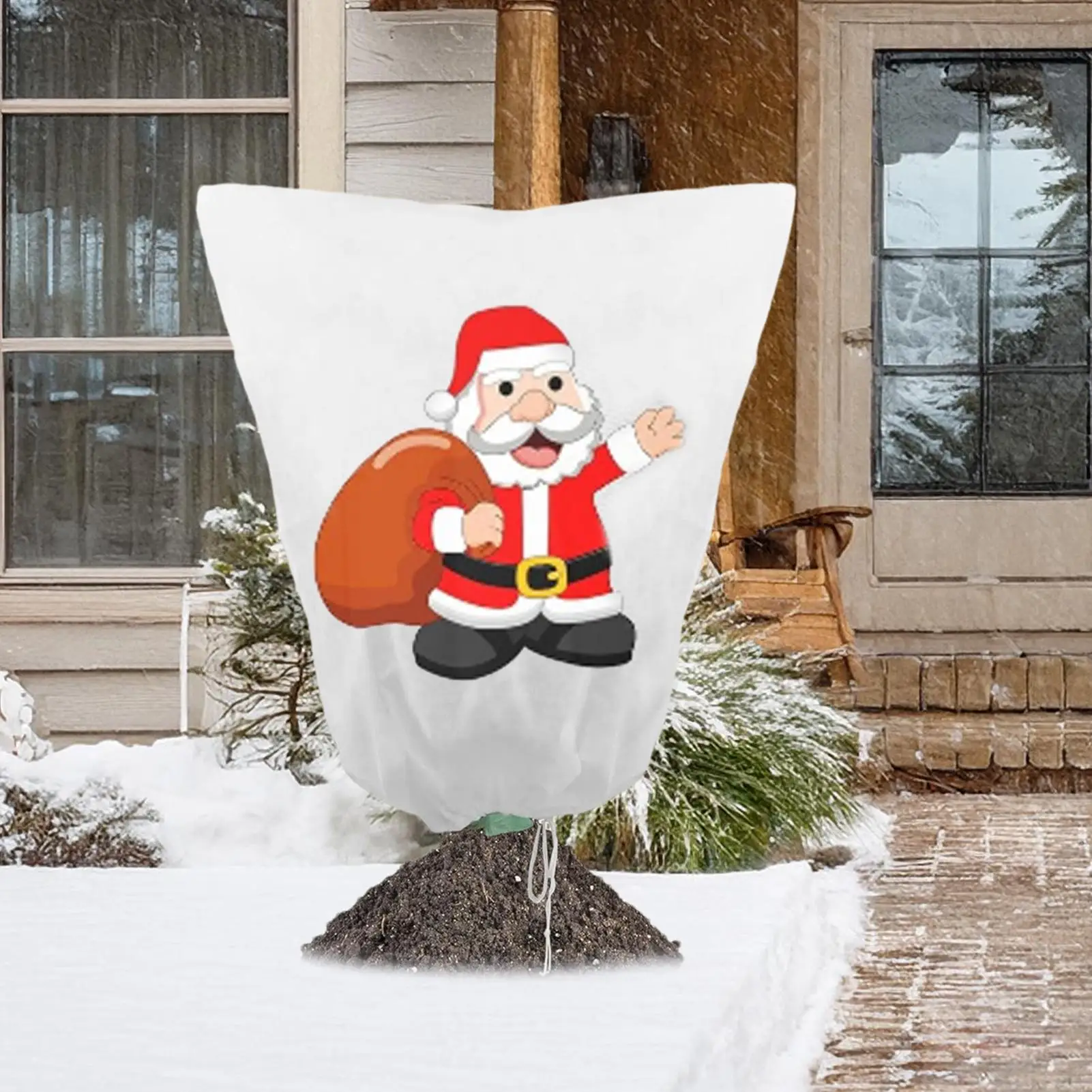 Christmas Prints Winter Plant Protector Plant Covers Freeze Protection Breathable Non-woven Fabric with Zipper Drawstring Buckle
