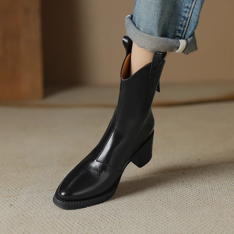 2023 New Autumn Boots Women Split Leather Shoes for Women Round Toe Chunky Heel Shoes Retro Zipper Short Boots Black Ankle Boots