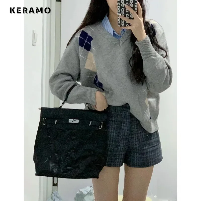 

2025 Winter Casual Knitting Long Sleeve Grey Coquette Pullovers Office Lady Style Women Chic Plaid Print Knitted Warm Sweater