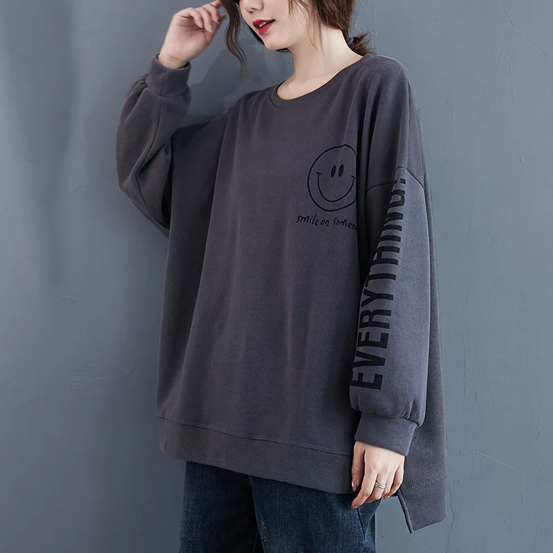 Johnature Pullover tebal wanita, baju hangat longgar Semua cocok musim gugur musim dingin 2024, Sweatshirt motif huruf O-neck, Pullover tebal baru musim gugur musim dingin