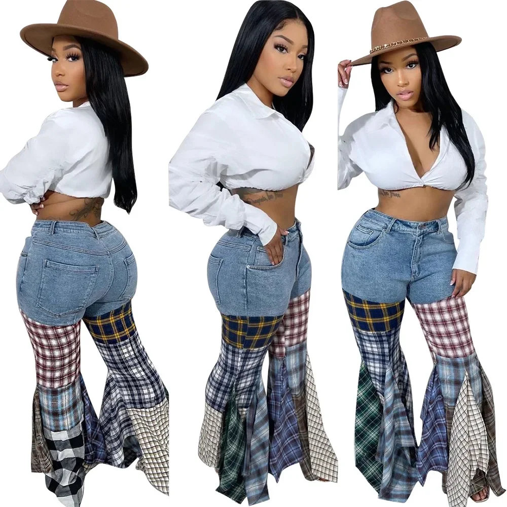 Customized LOGO women's clothing splicing plaid horn denim ruffle edge trousers high waisted jeans