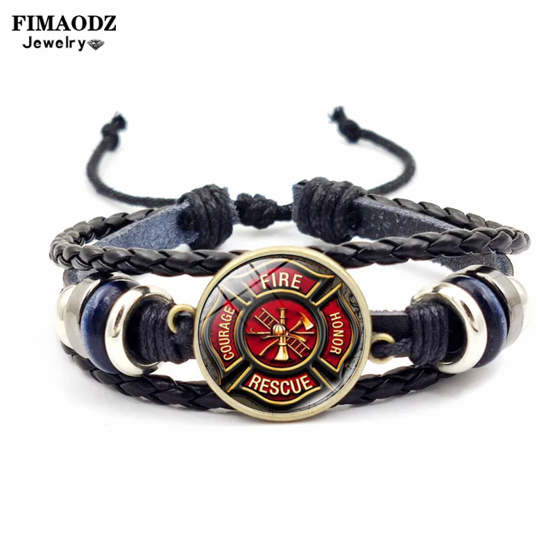 Firefighter Sign Bracelet Firemen Fire Dept Flame Vintage Pattern Glass Button Woven Adjustable Leather Bangle Bracelets for Men