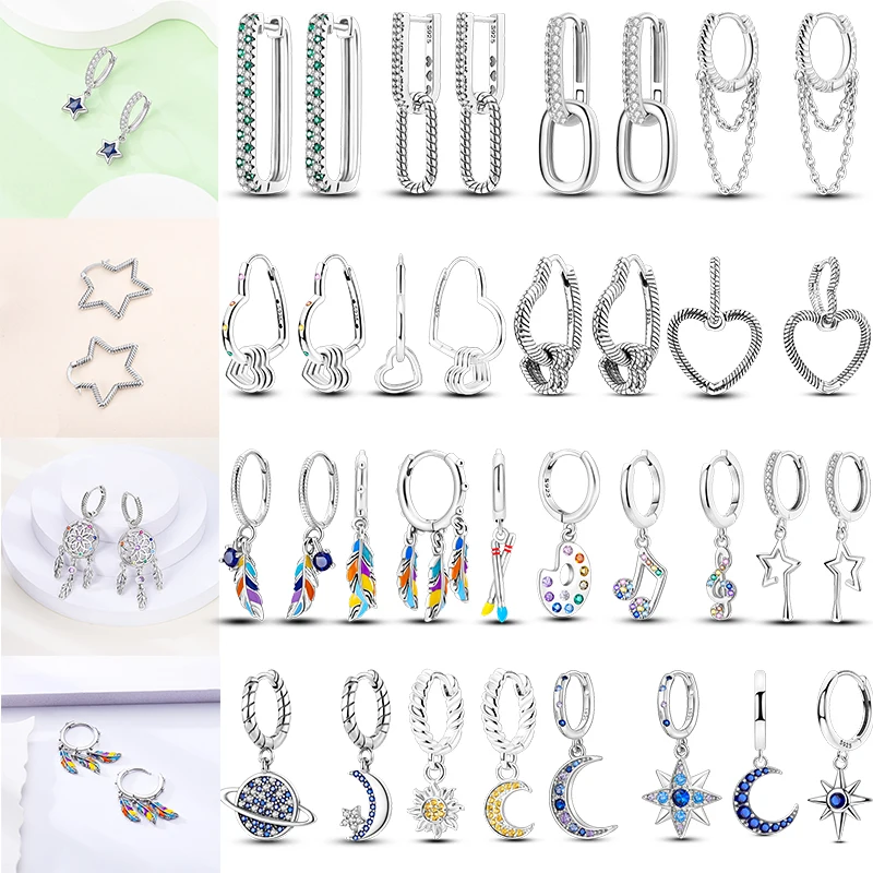 925 Sterling Silver Hoop Earrings Star Moon Sun Planet Feather Heart Dreamcatcher Dangle Celestial Gift for Women Girls