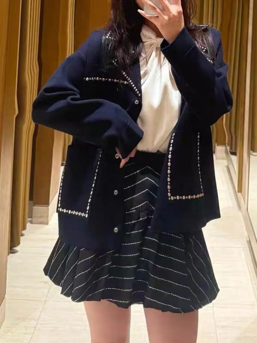 

Diamond Decoration Women Knitted Cardigan Single Breasted Notched Collar Long Sleeve Fashion Ladies Sweater
