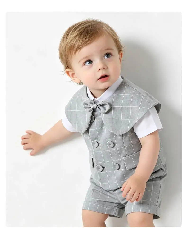 Grauer Karierter Kleinkind-Jungen Anzug Weißes Hemd Sommer Dünne Leinenweste Shorts Fliege Kinder Hochzeit Taufe Formelles Kostüm-Set – Detail 1