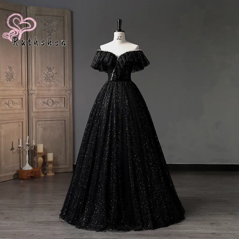 Shimmering Black Ball Gown Prom Dresses Long 2023 Pearls Beaded Off Shoulder Evening Party Occasion Vestidos De Noche