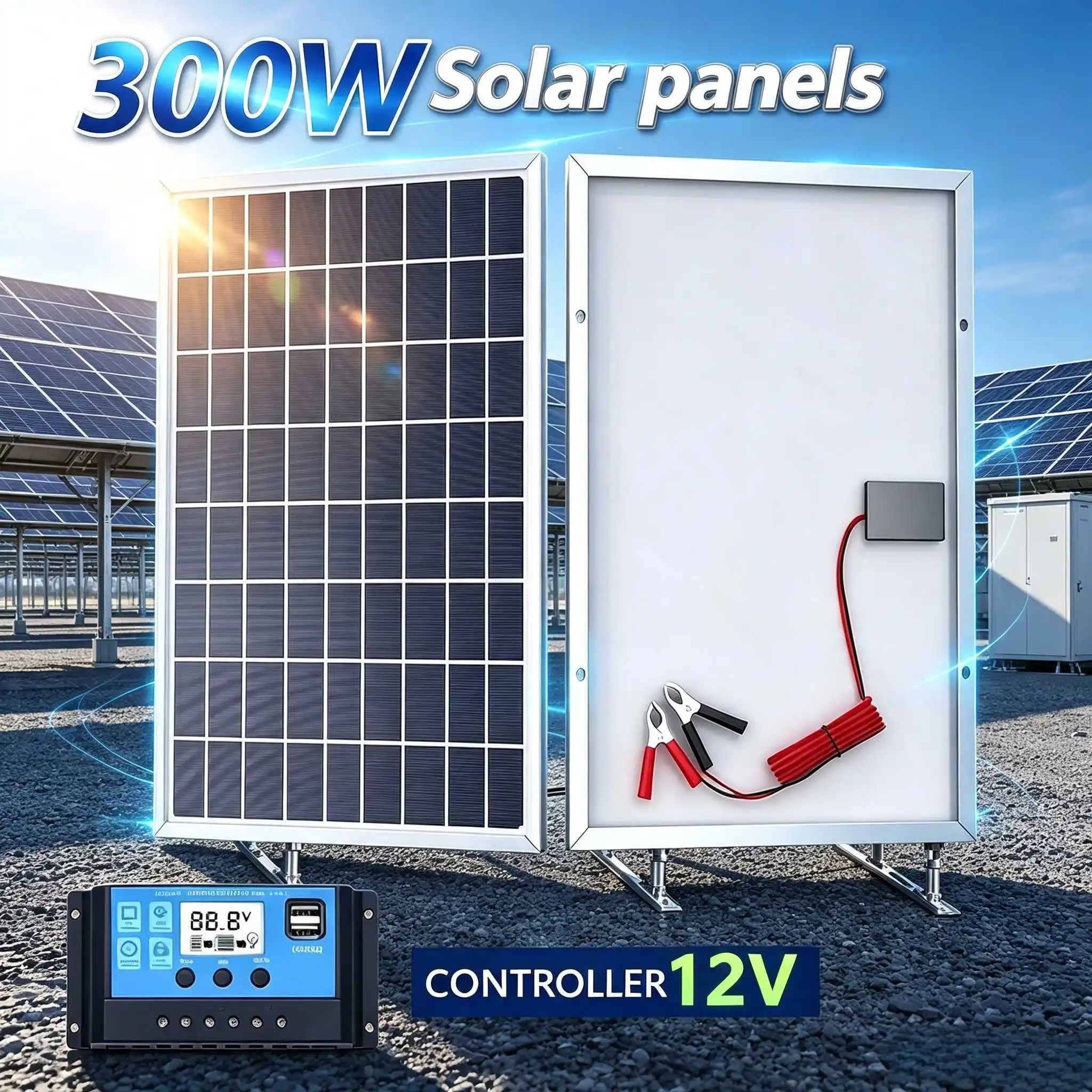 300W Portable Solar Charging Kit with 12V Output and USB Fast Charging, High-Efficiency Panel for RVs, Homes, and Off-Grid Use