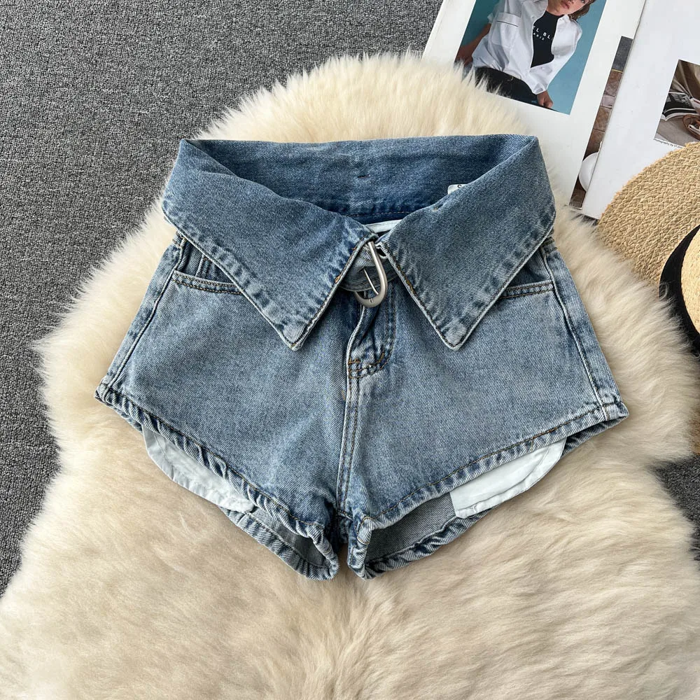 Retro Fashion Ultra Short Jeans Women's Summer New High Waist Flip Over Personalized Wide Leg A-line Denim Hot Pants