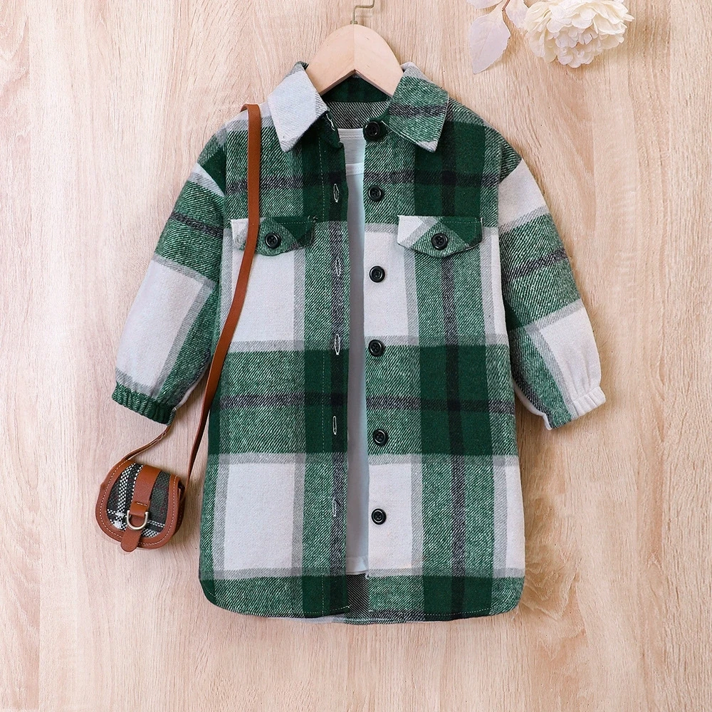 

Детская клетчатая куртка для девочек с двумя карманами на весну/осень, одежда для маленьких девочек, детская одежда для 3, 4, 5, 6, 7 лет