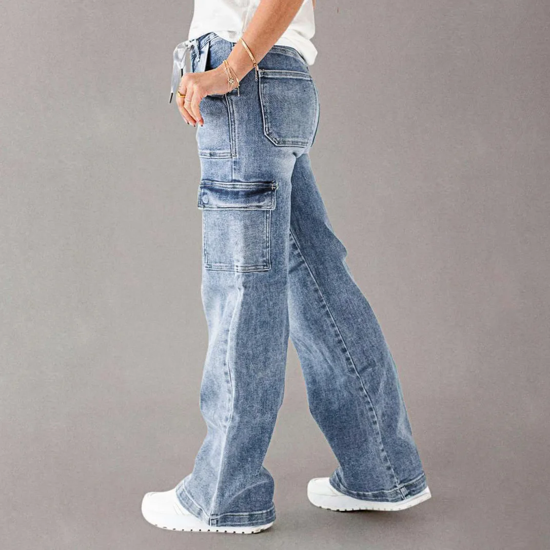 Calças de brim calças de carga feminina streetwear denims lavado angustiado cordão rendas até vários bolsos 2024 outono calças retas