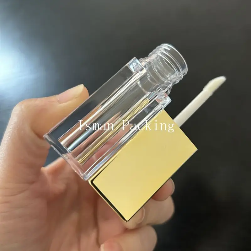 50Pcs Luxury Square Lip Gloss Bottle 5ml Empty Cosmetic Refillable Rose Gold Silver Lid Clear Plastic Lip Glaze Tubes With Brush