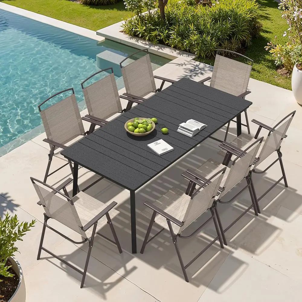 

9 Piece Patio Dining Set, 70" Black Metal Outdoor Table and 8 olding Chairs with Umbrella Hole or Porch Poolside Yard Garden, Be