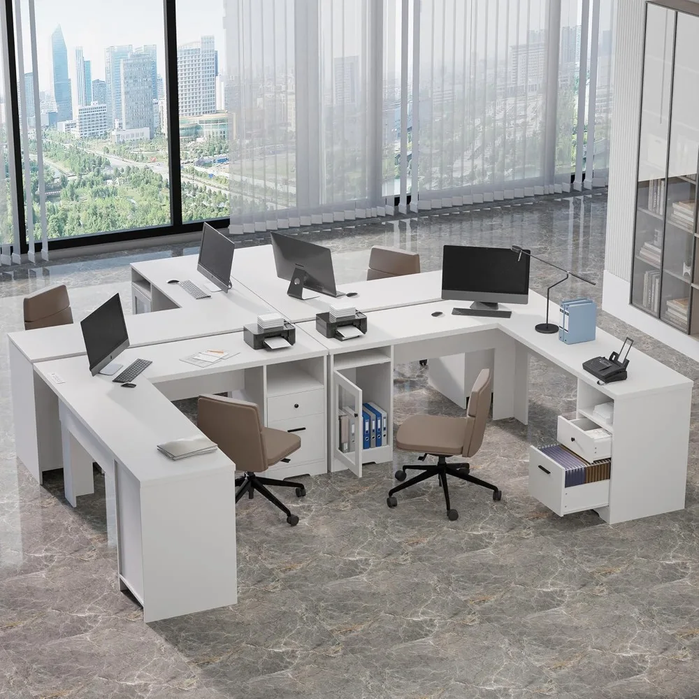 L Shaped Desk with File Cabinet, Corner Computer Desk with Storage Drawers, Large Home Office Table with Power Outlets