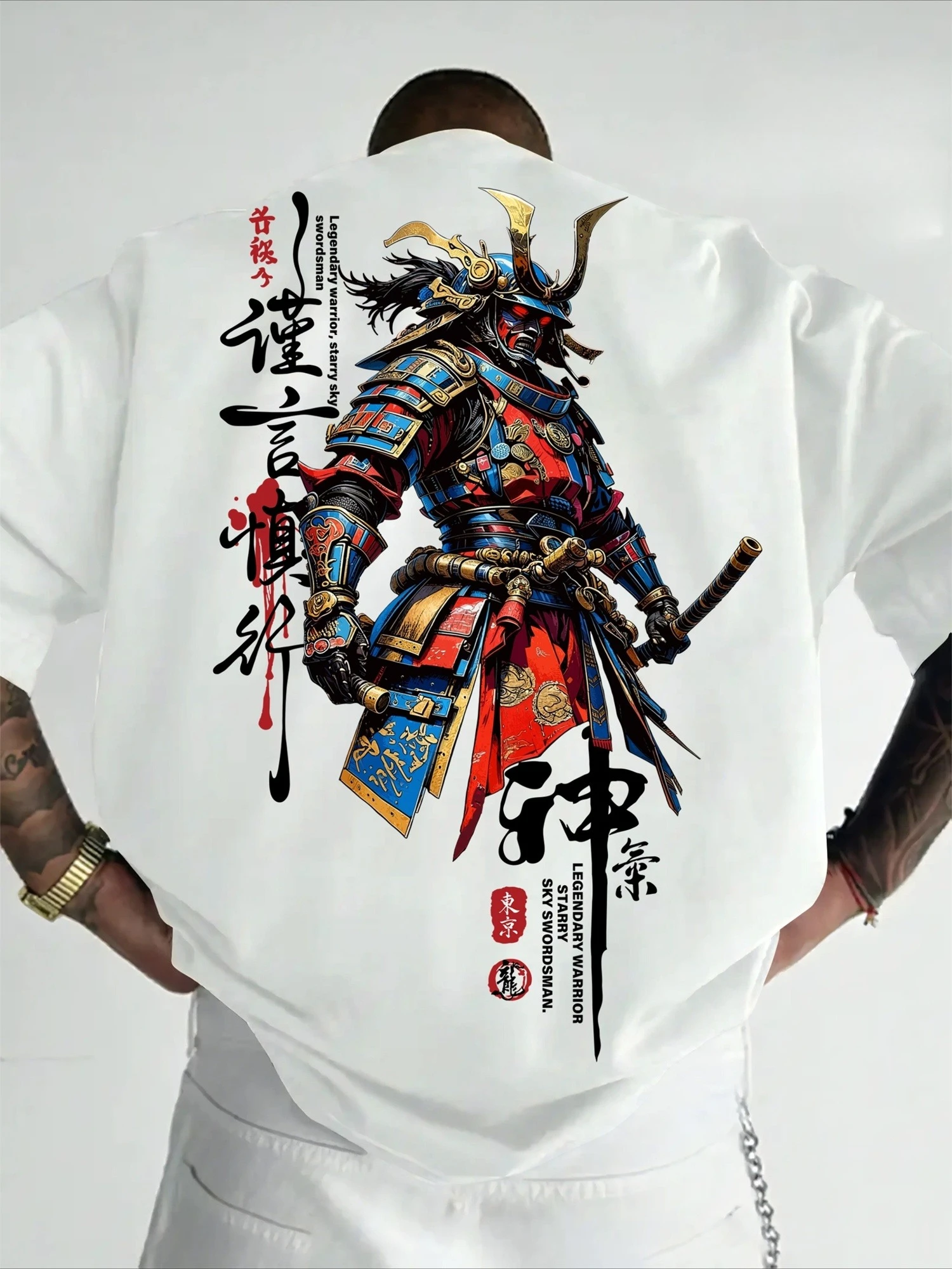 New Summer Street-style T-shirt with Cartoon-style Samurai Pattern Suitable for Daily Wear Suitable for Both Men's and Women's