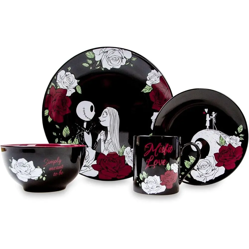

Набор керамической посуды из 16 предметов «Кошмар перед Рождеством» с Джеком и Салли, цветы розы | Включает салатники, миски, кружки