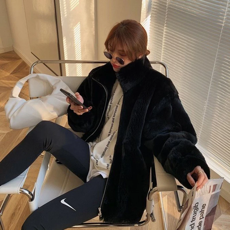 2025 여성 가을 겨울 신상 마오 플러시 재킷 캐주얼 스포츠 다용도 두꺼운 따뜻한 오버코트 인조 렉스 토끼털 코트