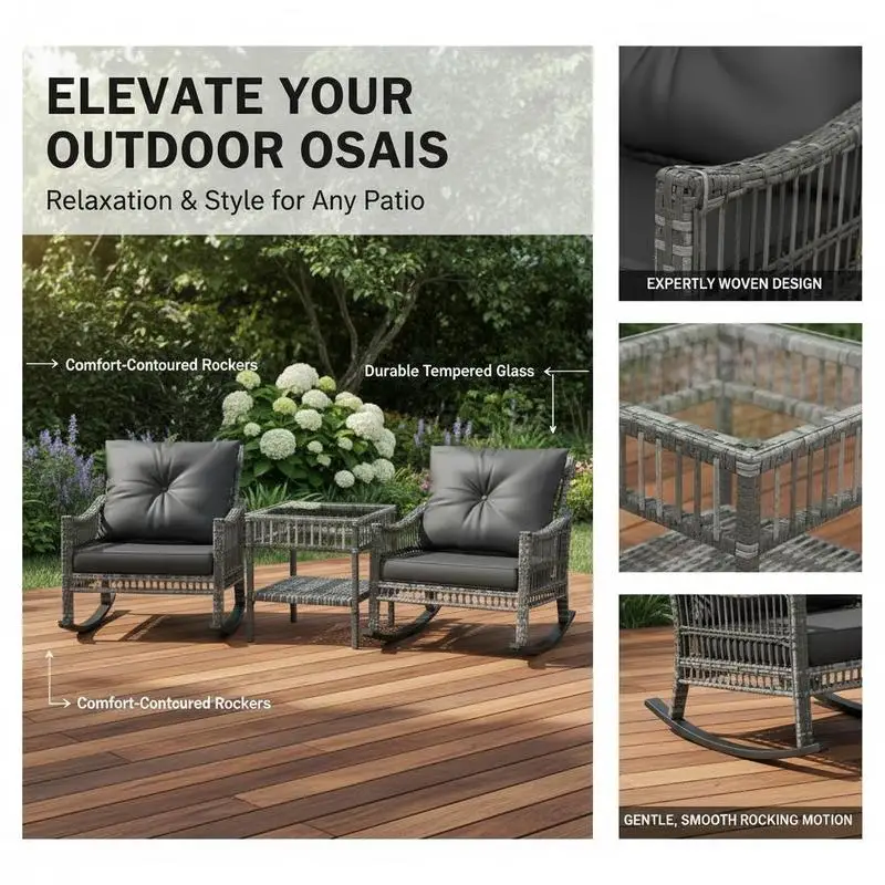 3 Piece Outdoor PE Rattan Rocker Chair Set, Rocking Chair with Tempered Glass Table Top, Gray