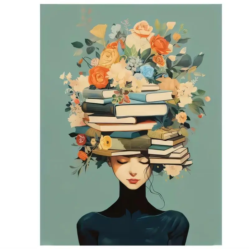 2D Whimsical Floral & Book - Stack Woman Metal Tin Sign - Pastel Teal, Bohemian Art, Perfect for Home/Study/Bedroom Decor