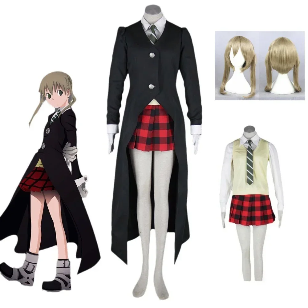 Anime Soul Eater Maka Albarn Cosplay Costume Wig Women Uniform Trench Coat Tie Shirt Skirt Vest Suit Girl Halloween Party Outfit