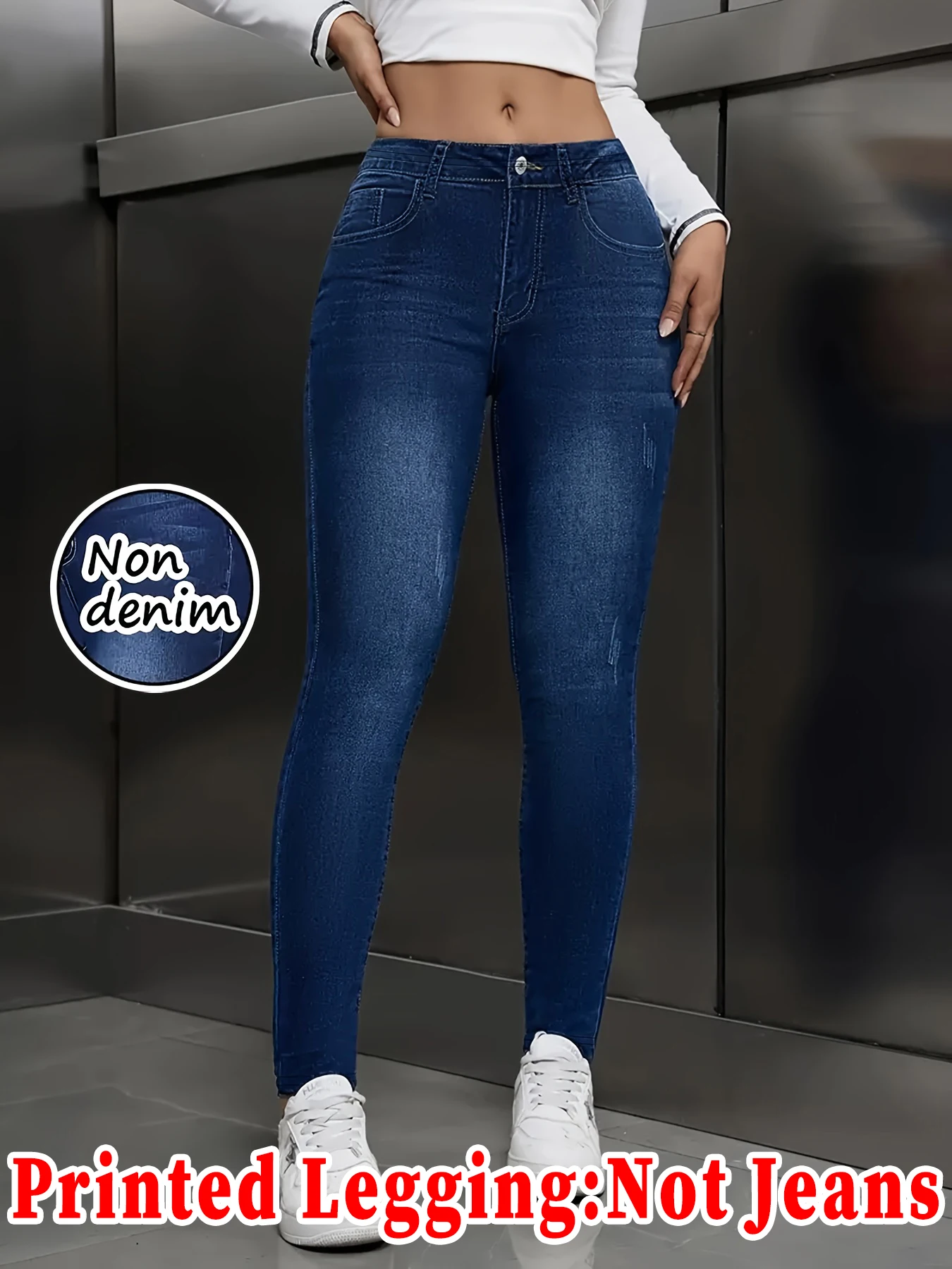 Fashion Printed Faux Denim Skinny Pants, High Waist Elastic Hip Lifting Tummy Control Outerwear Long Leggings
