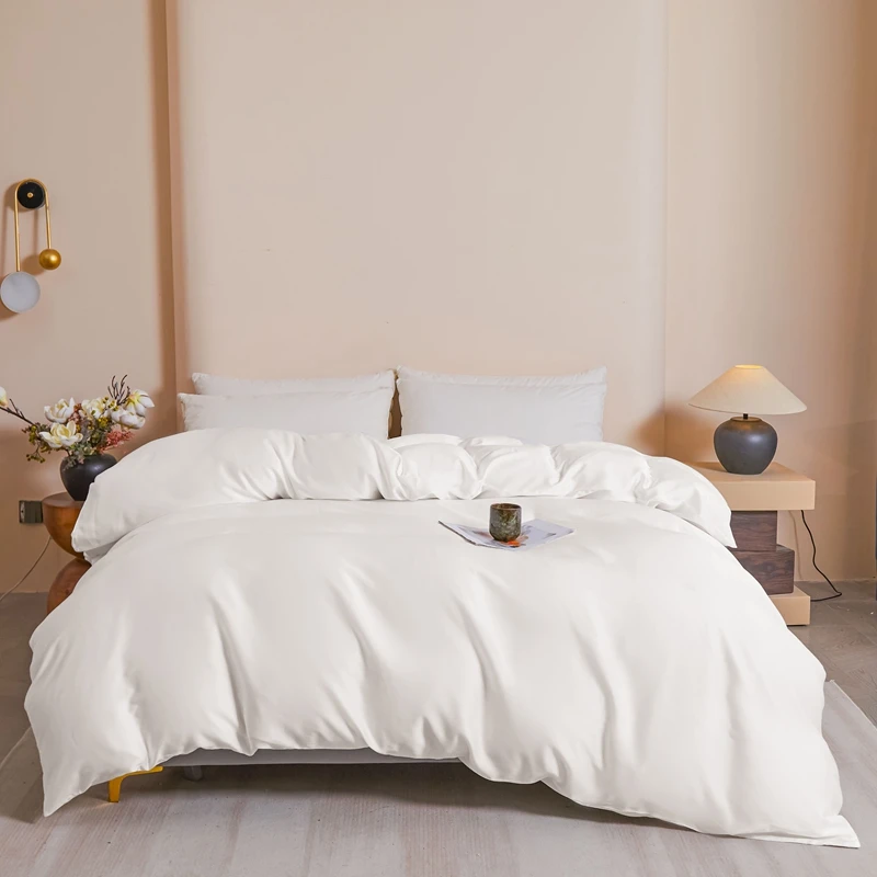 

2026 Duvet Cover Set Simple Solid White Silky Cooling 200*230cm Quilt Cover+48*74cm Pillowcases 3pcs Queen Home Hotel Bedcloth