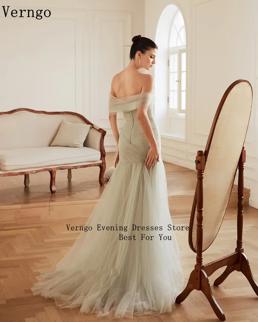 Verngo Soft Green Tulle Evening Dress Simple Off The Shoulder A Line Prom Gown Flowy Fairy Korea Prom Party Dress Customized