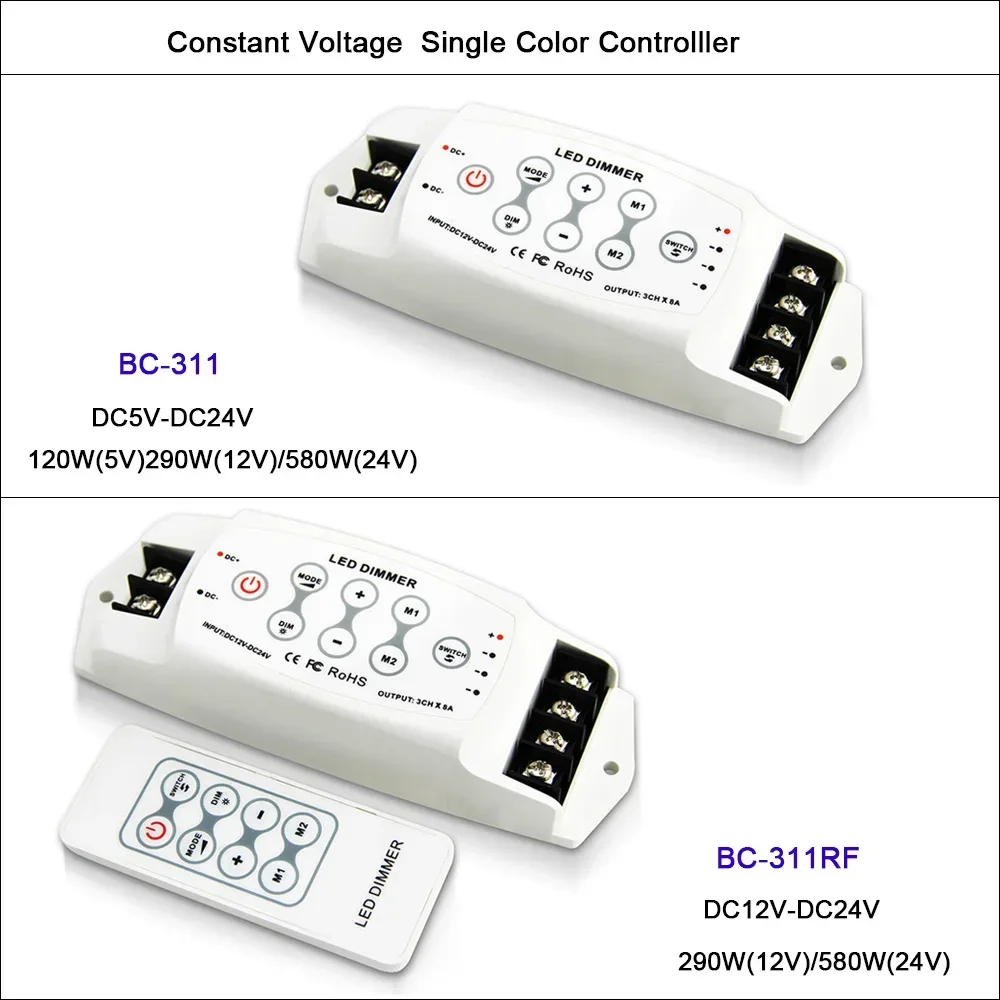 Bincolor Single Color LED Strip Dimmer 5V 12V 24V 8A*3CH RF Wireless remote BC-311RF/BC-311 monochrome lamp tape Controller