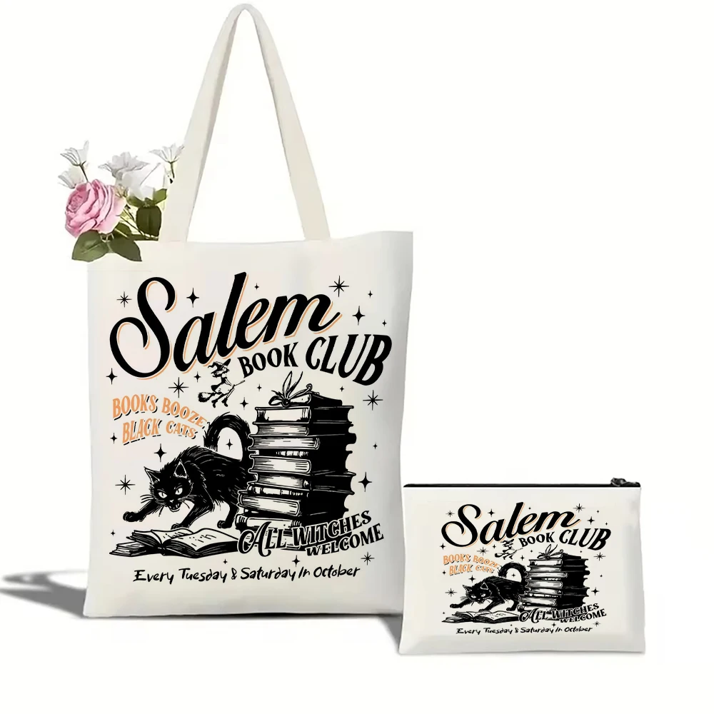 Black Cat Salem Book Club Tote Bag Set Women Shoulder Handbag Cosmetic Bag Canvas Large Capacity Shopping Bag Eco Travel Pouch