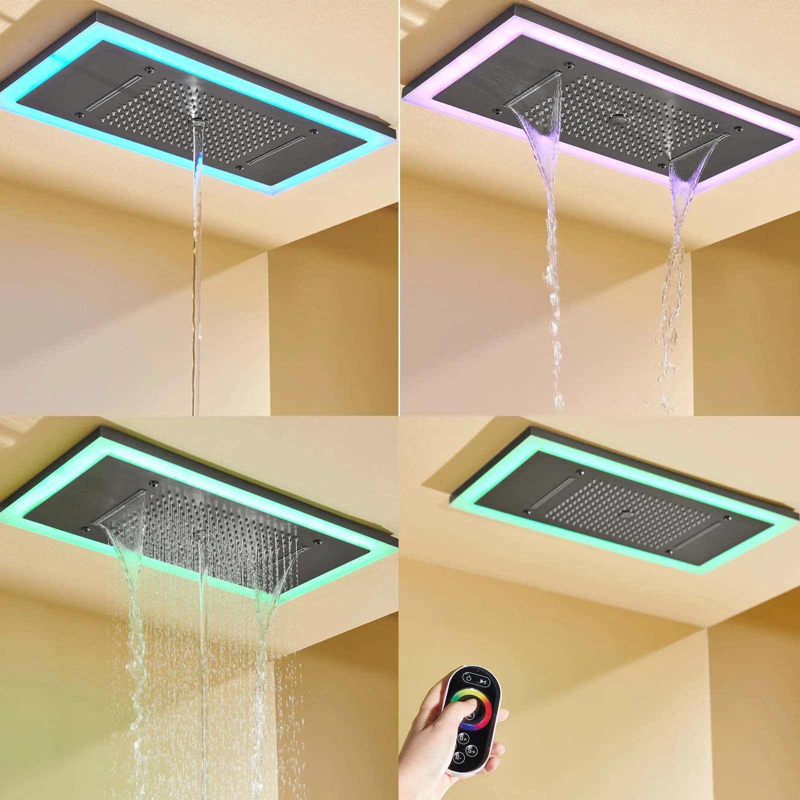 Brushed Chrome Canopy Push-Button Wall-Mount Shower Set-Thermostatic Control Multifunctional Spray (Spray/Rain/Massage/Soft)