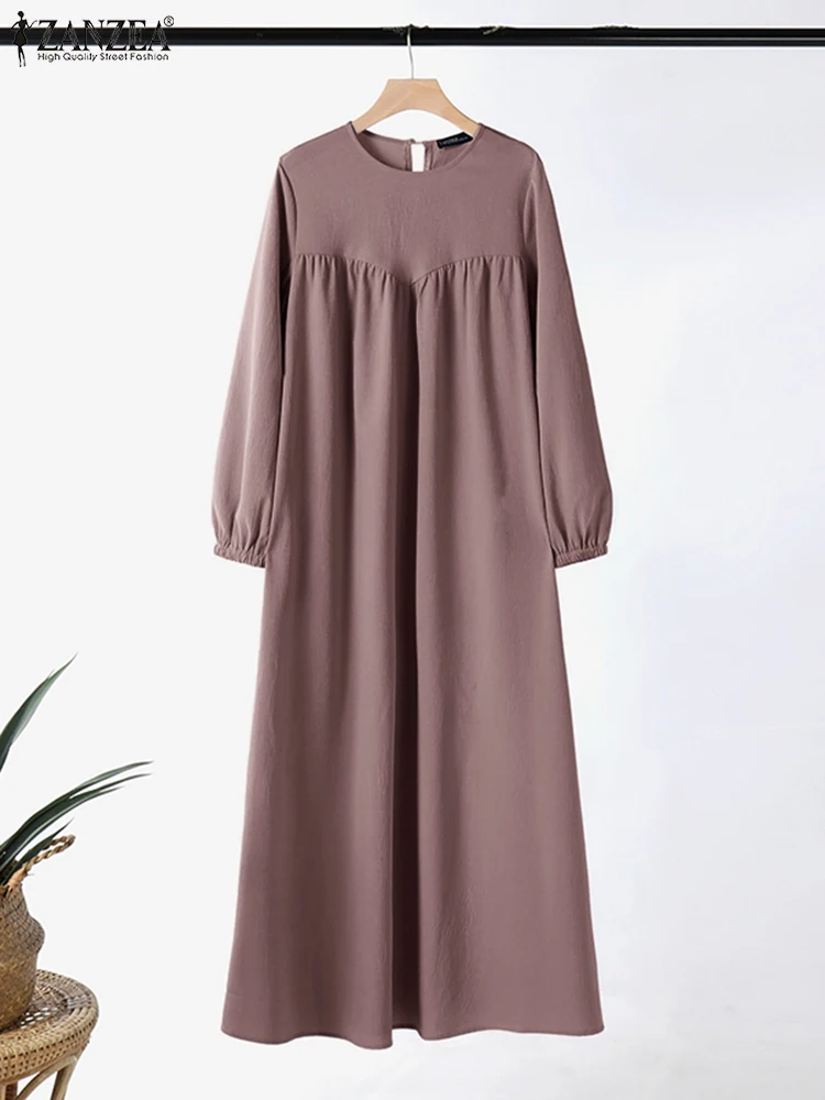 ZANZEA Fashion Muslim Abaya Hijab Dress Women Elegant Long Sleeve Solid Pleated Sundress Robe Femme Casual Loose Dubai Vestidos