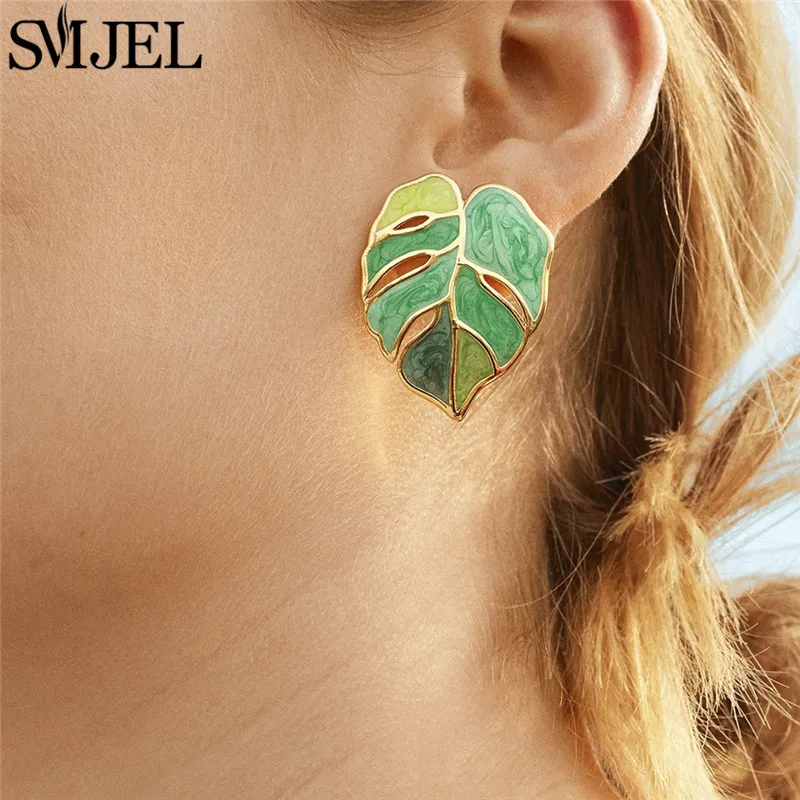 SMJEL Vintage Metal Big Leaf Earrings for Women Summer Monstera Jewelry Fashion Palm Leaves Earings Statement Piercing Brincos