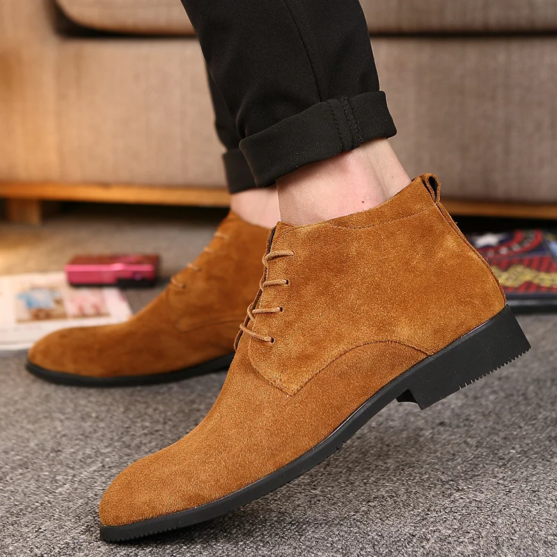 British Style Men's Chelsea Boots Brown High Top Ankle Boots for Men Autumn Winter Suede Leather Boots Man botines para hombre