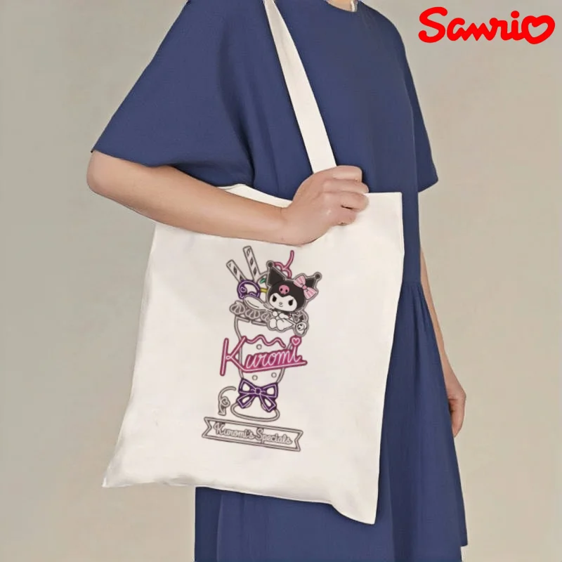 

1 шт. холщовая сумка через плечо Sanrio Kuromi, прочная повседневная сумка для покупок с двусторонним принтом и большой вместимостью