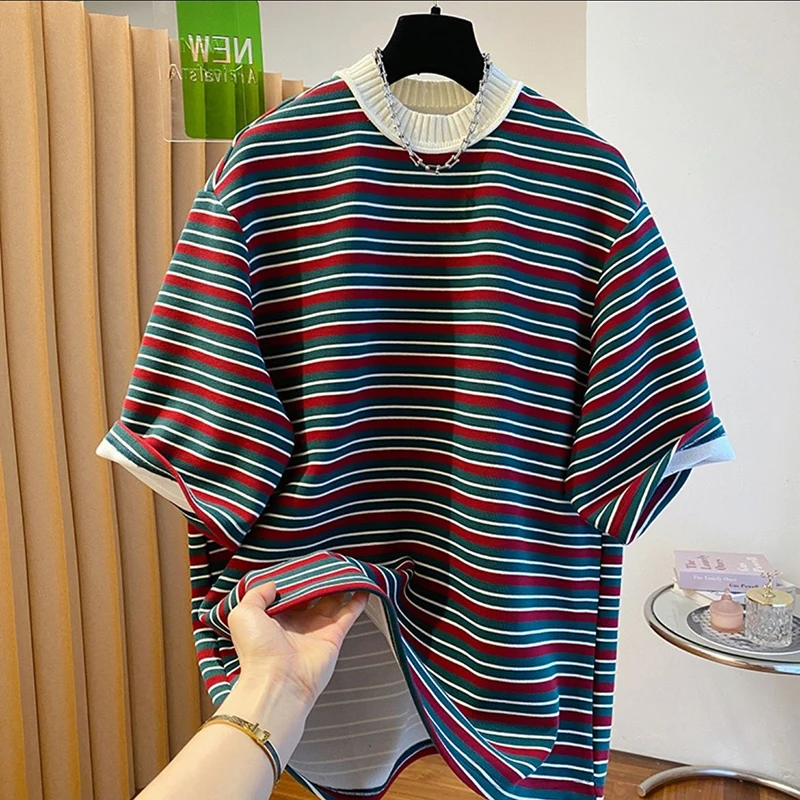 

Summer Striped Print Men O Neck Short Sleeve T Shirts Hit Color Fashion Casual All-match 2xl Oversized Tops Tee Teenager Campus