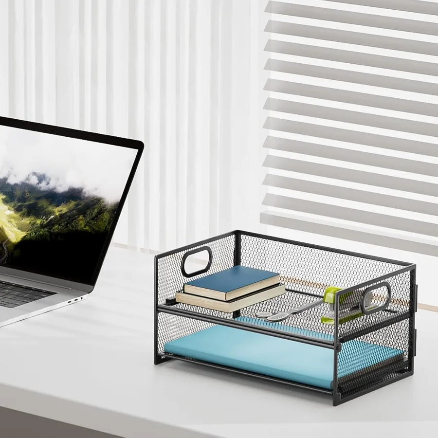 2 Tier Paper Organizer with Handle for Home Office Desk - Mesh File Organizer and Letter Tray for Efficient Document Sorting an