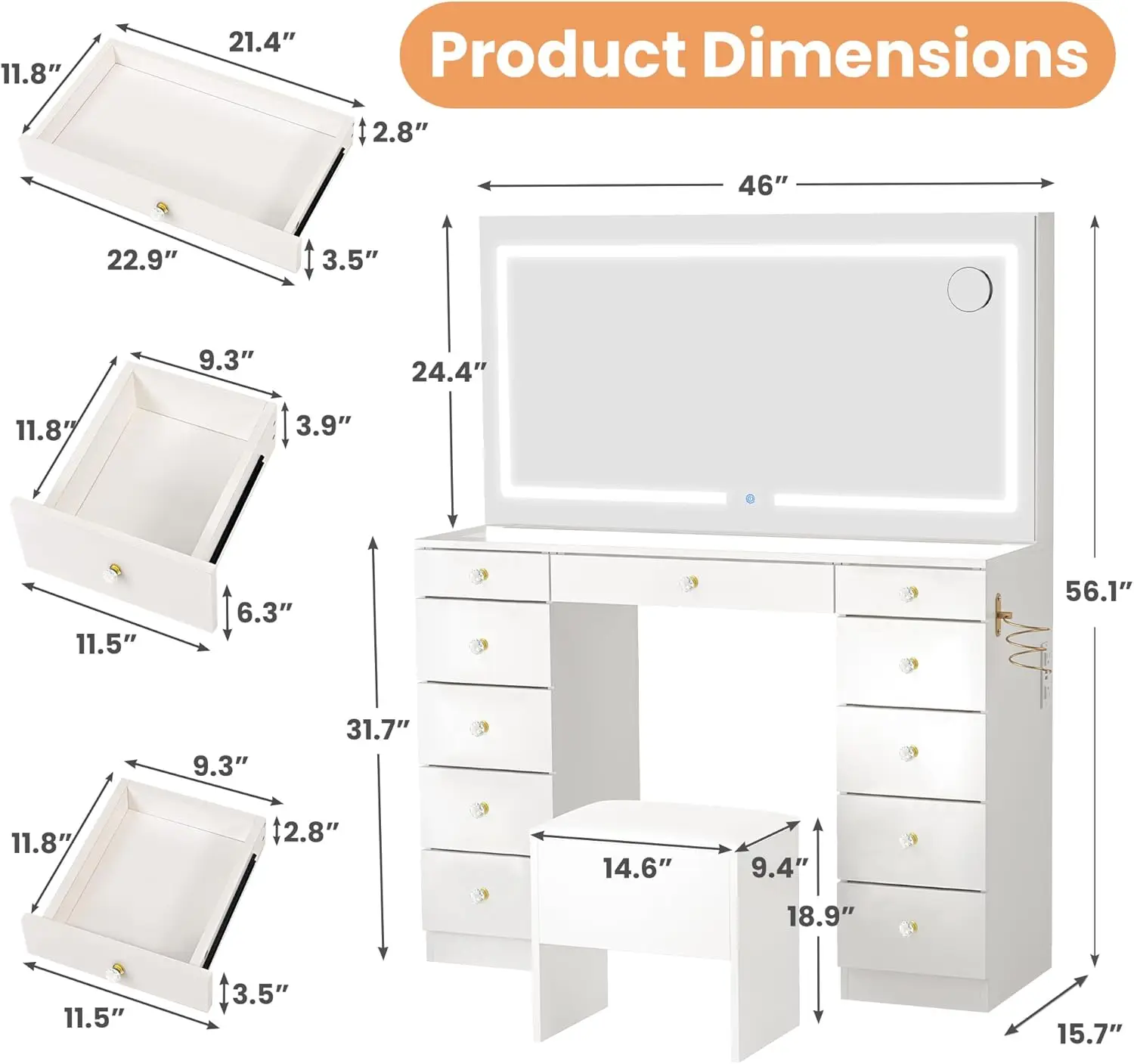White Glass Top Vanity Desk with Crystal Handles, 11 Drawers, Mirror, Stool, 3 Lighting Modes, Power Outlet & Silent Slides view 6