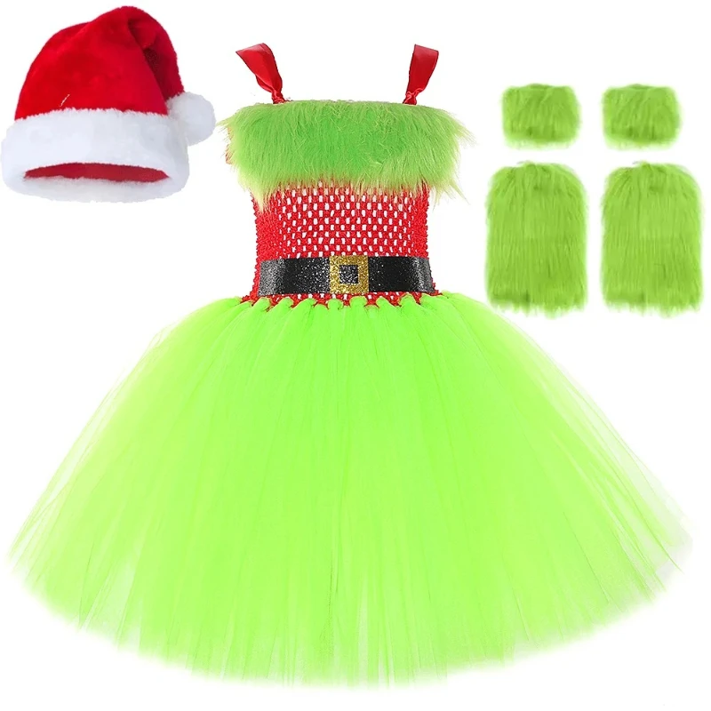 Red Green Santa Claus Costumes for Girls Christmas Hairy Monster Fancy Tutu Dress for Kids Xmas New Year Clothes Carnival Outfit