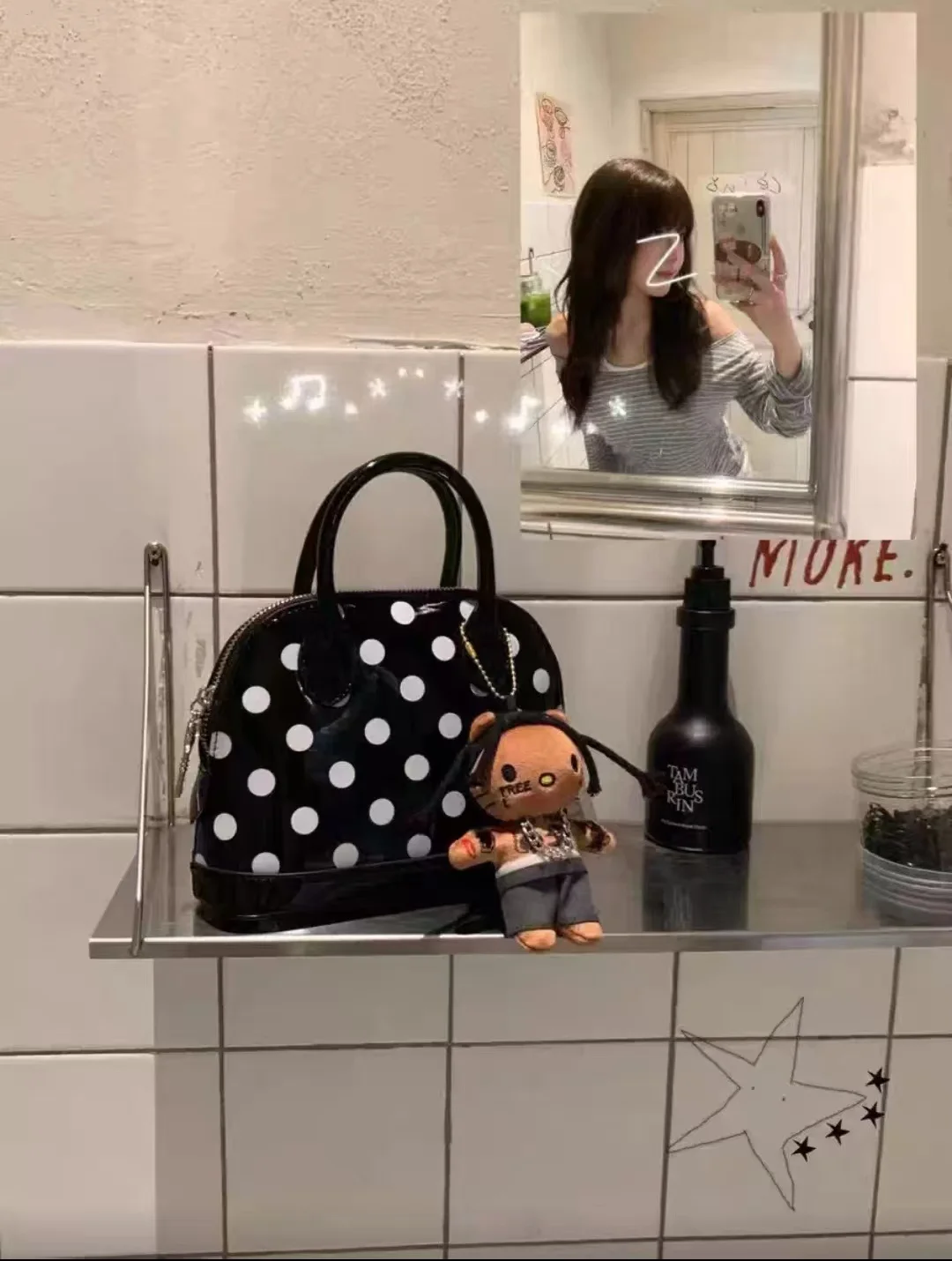 Casual Two-Sided Painted Leather  Bag Single Shoulder Crossbody Bag Trendy Design Korean Style Black White Polka Dot Bag