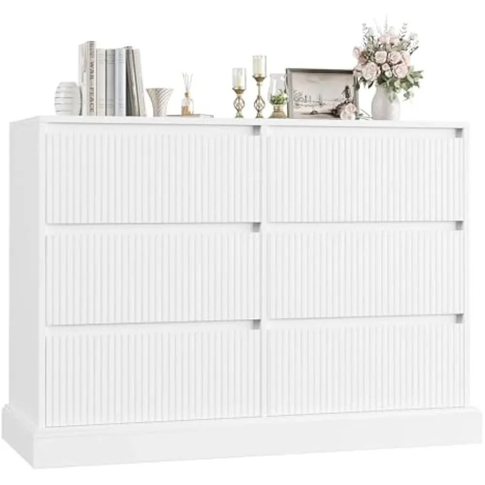 White Dresser for Bedroom, Modern 6 Drawer Dresser, Double Dresser Chest of Drawers with Wavy Pattern | Handleless Drawers