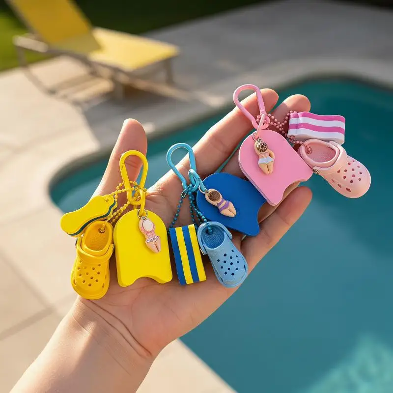 Summer Beach Keychain Mini Clog Charm Swimmer Pendant Backpack Bag Charm Holiday Gift Accessory For Travel Trips