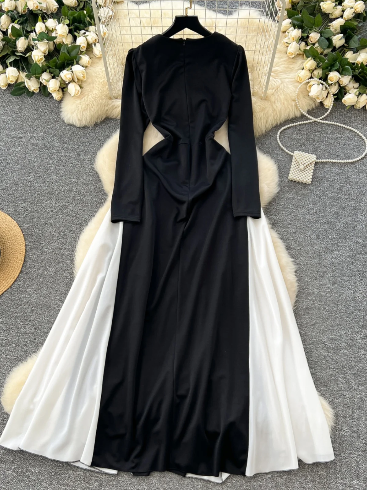 Ele Dames Lange Sve Dr Color Blo Hoge Taille A-lijn Rok Bla Wit Contrast Geplooide Zoom Woon-werkverkeer Koreaanse Sle