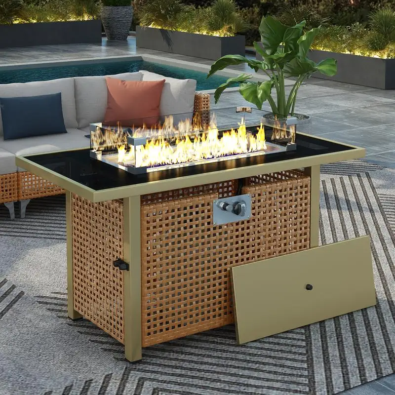 

43-дюймовый стол для костра на пропане, прямоугольная плетеная костра емкостью 60000 БТЕ со стеклянной ветрозащитой для наружного патио, террасы, сада,
