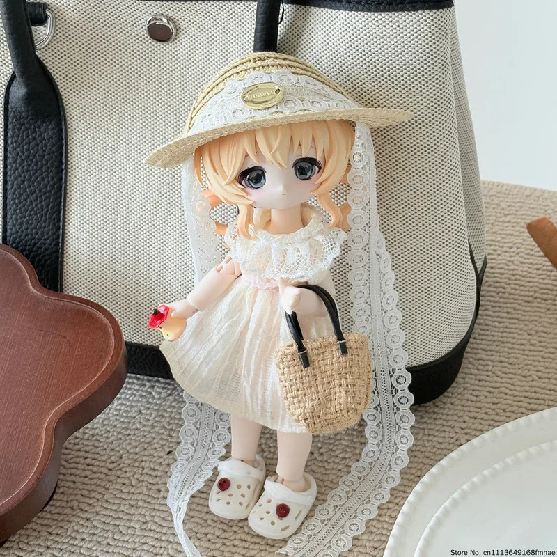 Lace Dress Set for Bunny Dream Box BJD, OB24 17cm Clothes with Straw Hat Bag Shoes, Cosplay Outfit (Doll Not Included) - view 2