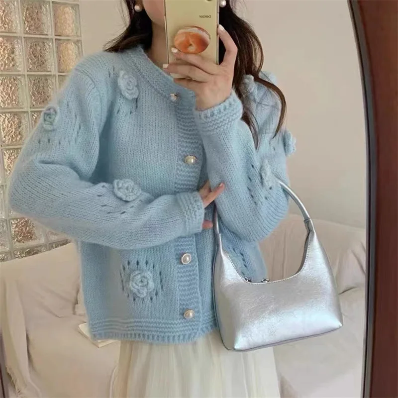 Hollow Three-dimensional Rose Crewneck Knit Cardigan Autumn and Winter New Loose Lazy Button Sweater Coat