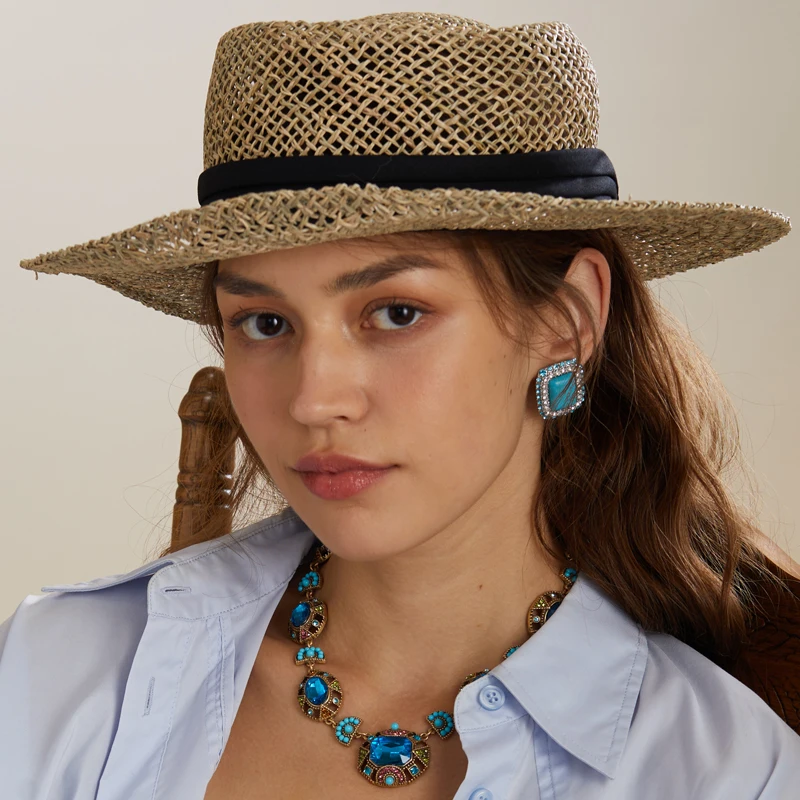 Sea Blue Crystal Statement Necklace with Gold Rhinestones