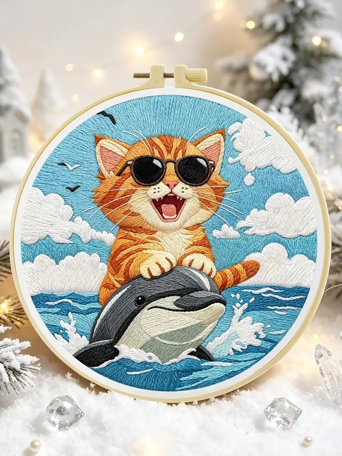 1 Set Katze auf Delfin reiten DIY-Stickset für Anfänger, Stick-Starter-Kit, Kreuzstich-Kunstgeschenk, Handarbeits-Bastelset – Detail 1