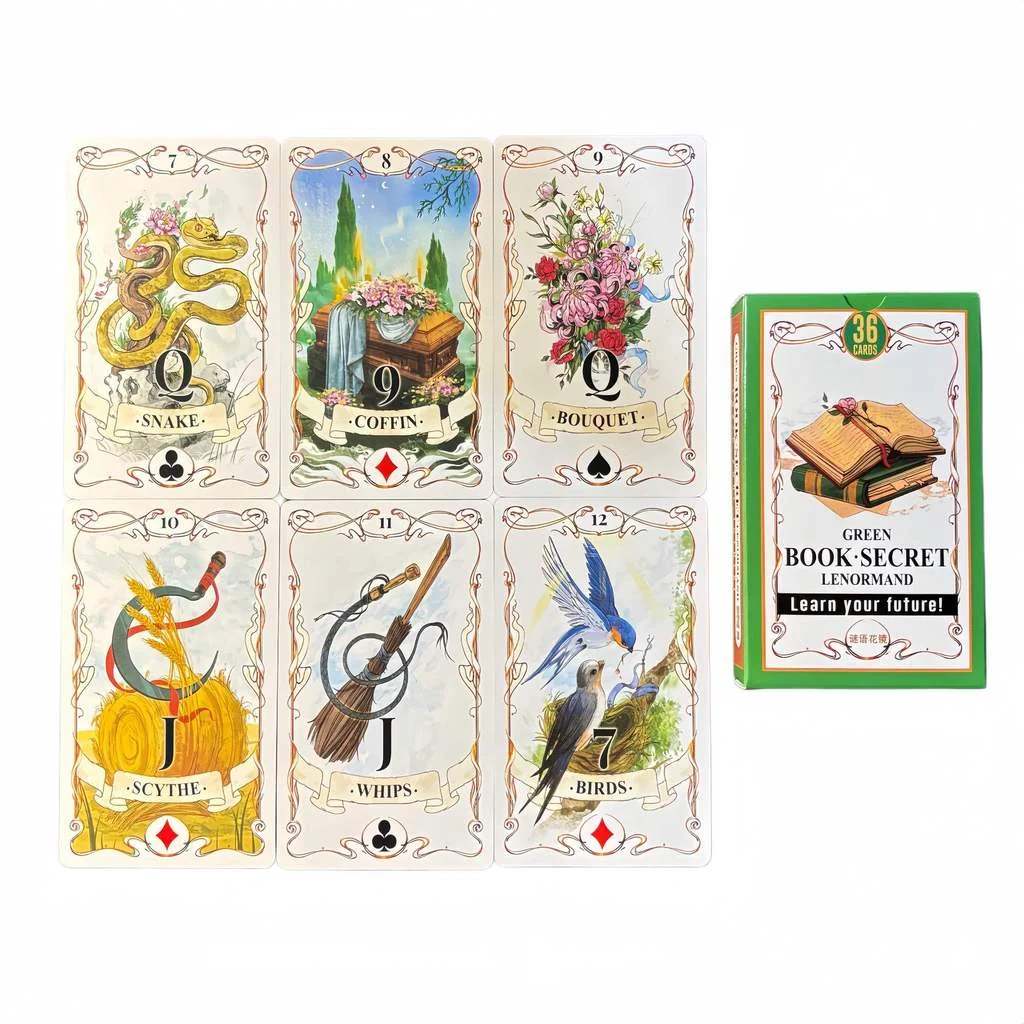 Green Book Secret Lenormand Oracle Deck, 10.3*6cm 36 Vintage Watercolor Lenormand Cards for Divination Retro Garden Art